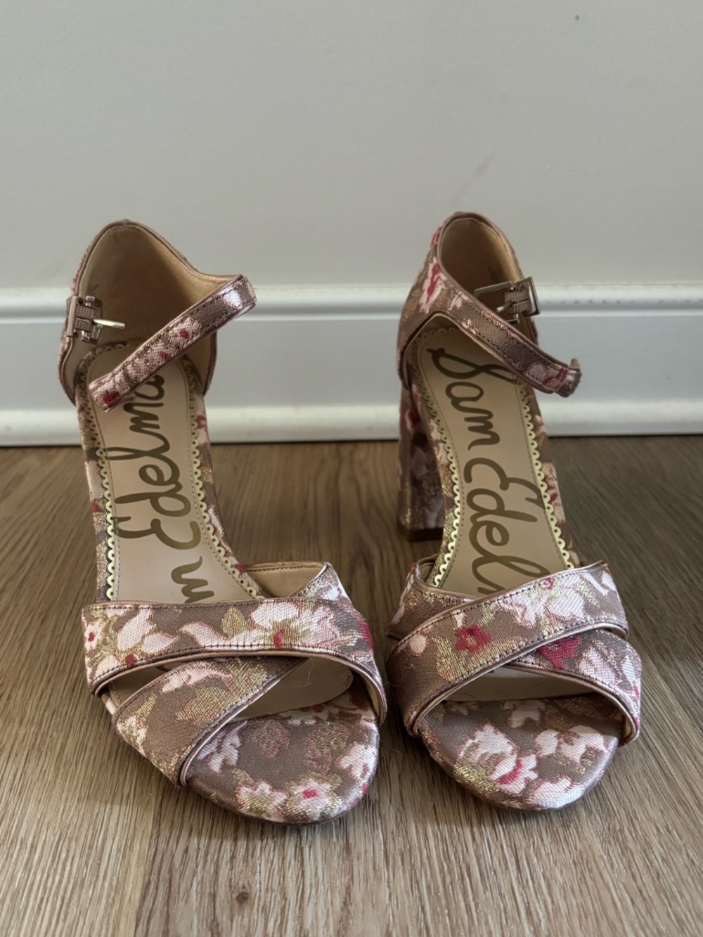 Sam Edelman Pink Rose Gold Floral Block Heel Sandals